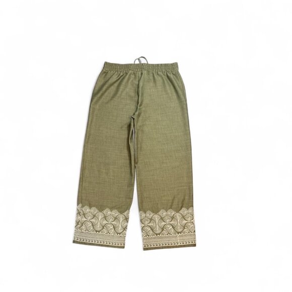 WREN Pants L Olive Green Wide-Leg Embroidered Hem Drawstring Waist Boho - Picture 2 of 5